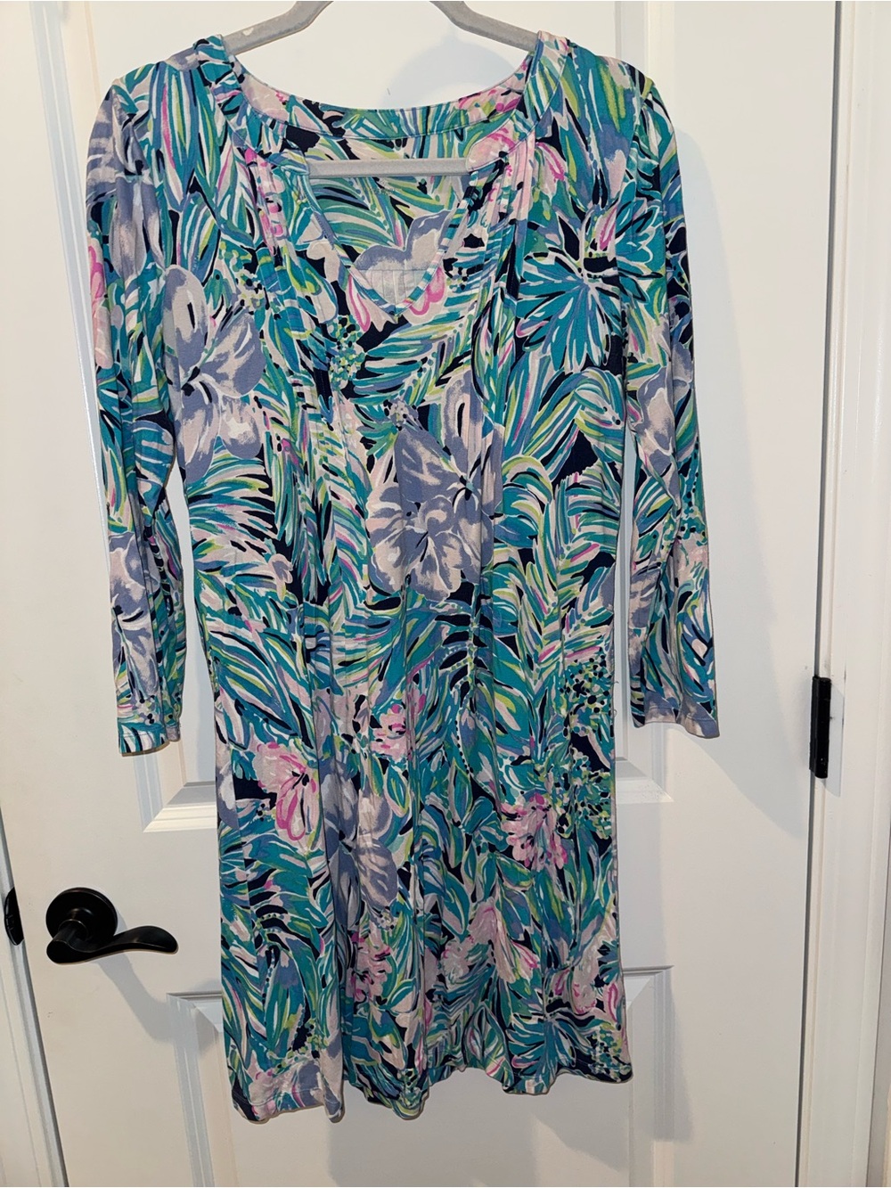 Lily Pulitzer Floral Print Long Sleeve Shift Dress in Teal & Pink - Picture 2 of 3